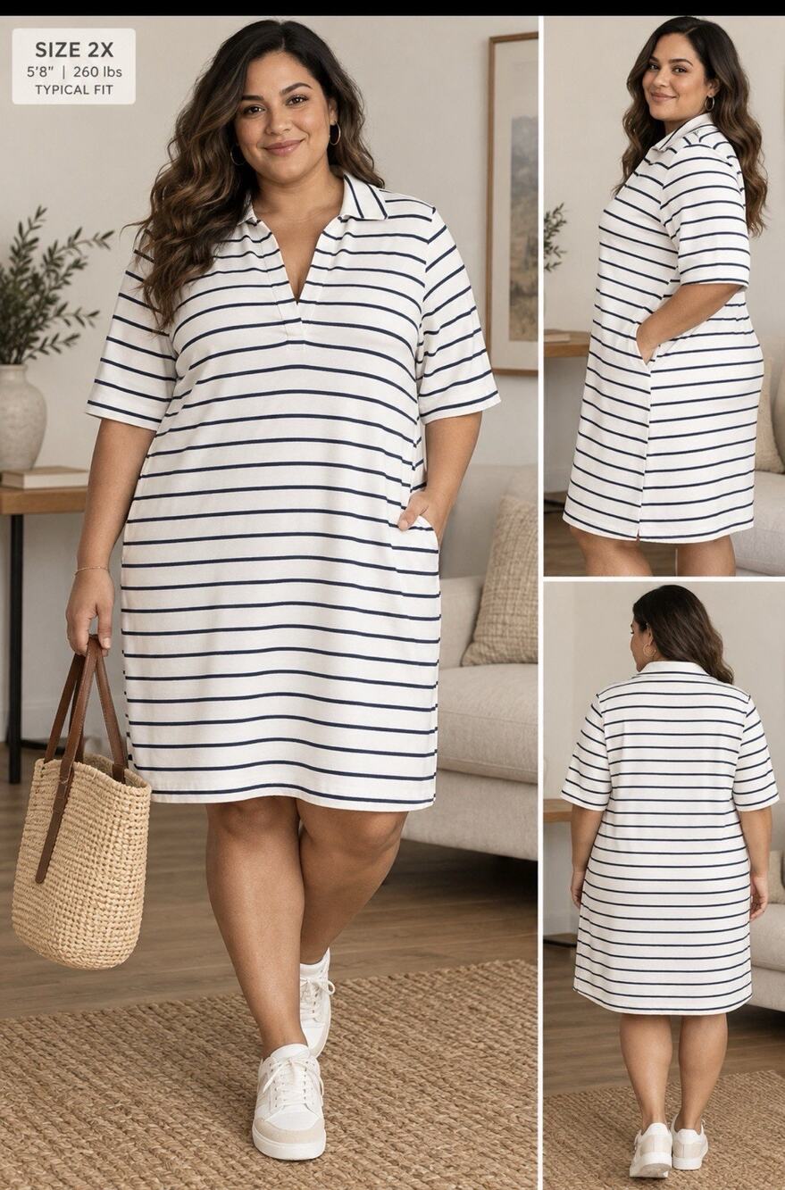 Lands' End Women's Short Sleeve White/Blue Striped Collar Dress Size 2X Nautical
